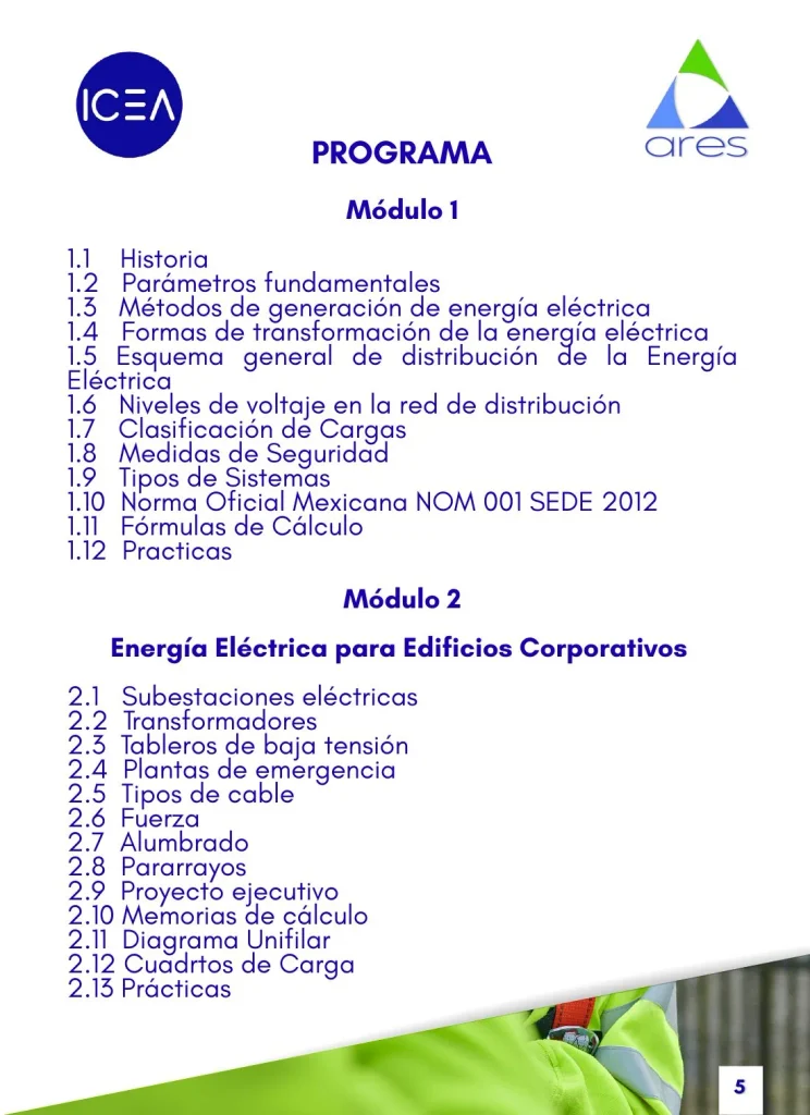 Programa DW5 Módulo 1: parámetros fundamentales, generación y transformación de energía eléctrica, niveles de voltaje, clasificación de cargas, NOM-001-SEDE-2012 y fórmulas de cálculo. Módulo 2 Energía Eléctrica para Edificios Corporativos: subestaciones, transformadores, tableros de baja tensión, plantas de emergencia, pararrayos, memorias de cálculo, diagrama unifilar y cuadros de carga