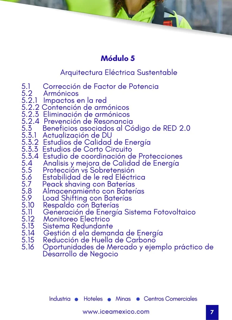 Programa DW5 Módulo 5 Arquitectura Eléctrica Sustentable: corrección de factor de potencia, armónicos y prevención de resonancia, Código de RED 2.0, estudios de calidad de energía, corto circuito y coordinación de protecciones, peak shaving, almacenamiento y load shifting con baterías, generación fotovoltaica, monitoreo y reducción de huella de carbono