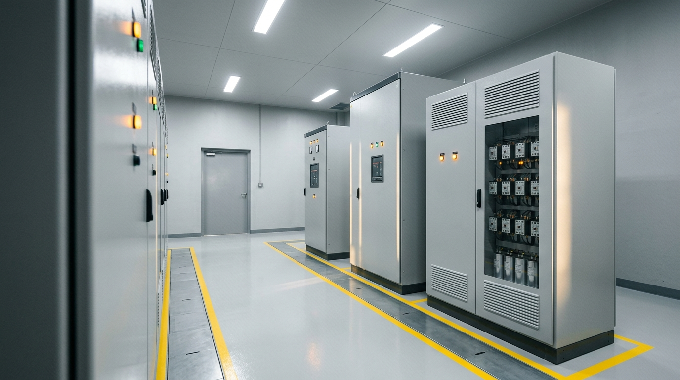 Banco automático de capacitores y equipo de medición en cuarto eléctrico dedicado, curso CDR de ICEA