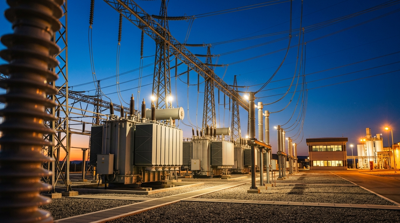 Subestación eléctrica de potencia iluminada al anochecer, cursos online en vivo de ICEA