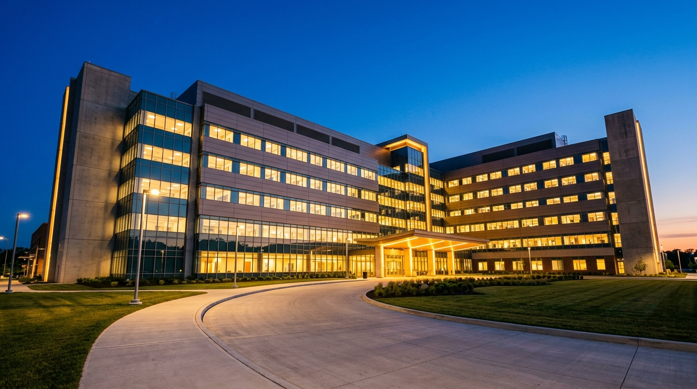 Hospital moderno iluminado al anochecer, curso de Instalación Eléctrica para Hospitales de ICEA