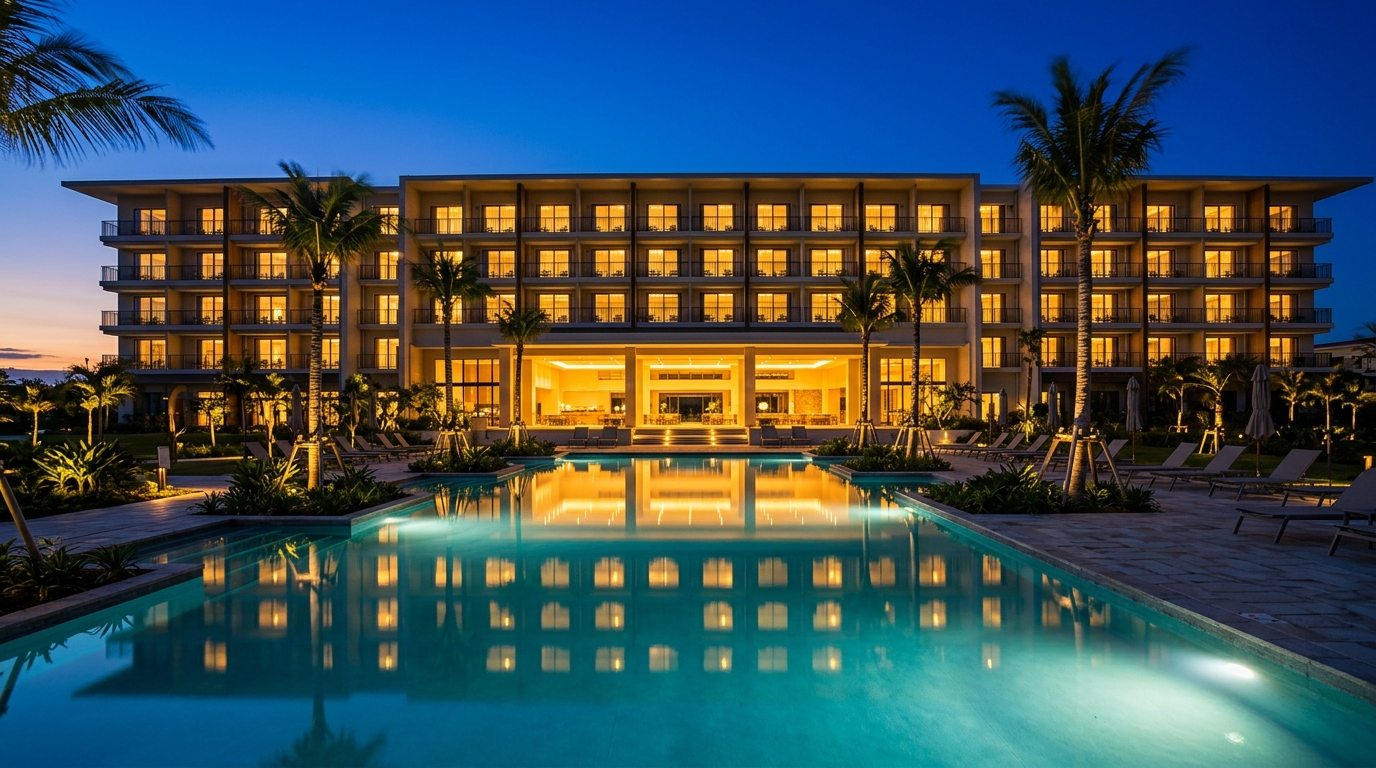 Hotel resort iluminado al anochecer con alberca y lobby encendidos, curso de Instalación Eléctrica para Hoteles de ICEA