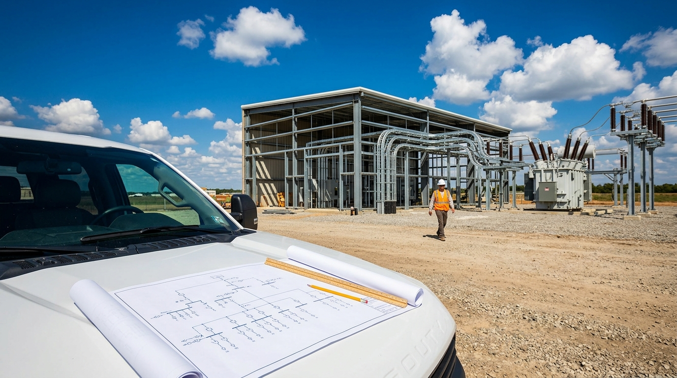 Plano eléctrico unifilar sobre el capó de una camioneta frente a subestación en construcción, curso ZWC de ICEA